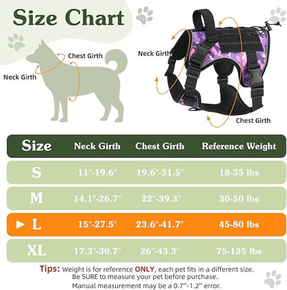 VavoPaw Heavy Duty Tactical Dog Harness for Large Dogs, No Pull Adjustable Pet Harness Reflective Service Training Easy Control Pet Vest Military K9 Working Dog Harnesses, Purple Camouflage, L