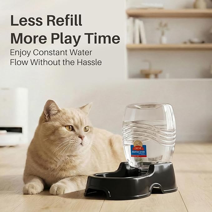 Flexzion Automatic Gravity Pet Waterer for Cat & Dog - Non-Skid & Easy-Clean Auto Replenish Water Dispenser Drinking Bowl (3/8 Gallon / 1.5L), Black