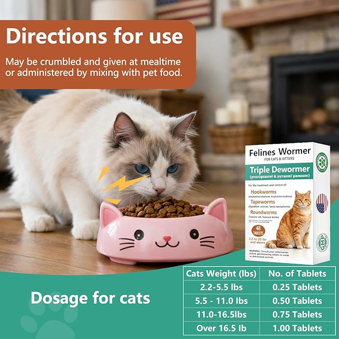 Cat Dewormer for Cats & Kittens –Broad Spectrum Triple Wormer Tablets with Praziquantel & Pyrantel Pamoate for Tapeworms, Roundworms & Hookworms, 48 Tablets