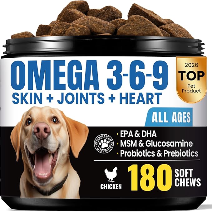 Omega 3 for Dogs – Salmon Oil for Dogs Skin & Coat Health, Fish Oil Supplement for Dog Shedding, Itch & Hot Spot Relief, Allergy Chews with EPA & DHA Fatty Acids for Skin & Joint Support - 180 Ct