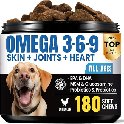 Omega 3 for Dogs – Salmon Oil for Dogs Skin & Coat Health, Fish Oil Supplement for Dog Shedding, Itch & Hot Spot Relief, Allergy Chews with EPA & DHA Fatty Acids for Skin & Joint Support - 180 Ct