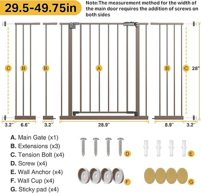InnoTruth 29.5–49.75" Extra Wide Baby Gate for Stairs, 28" Tall Walk Through Dog Gate for Stairs & Doorways, Pressure-Mounted Safety Gate for Pets & Kids, Dual Lock & 2-Way Swing, Brown