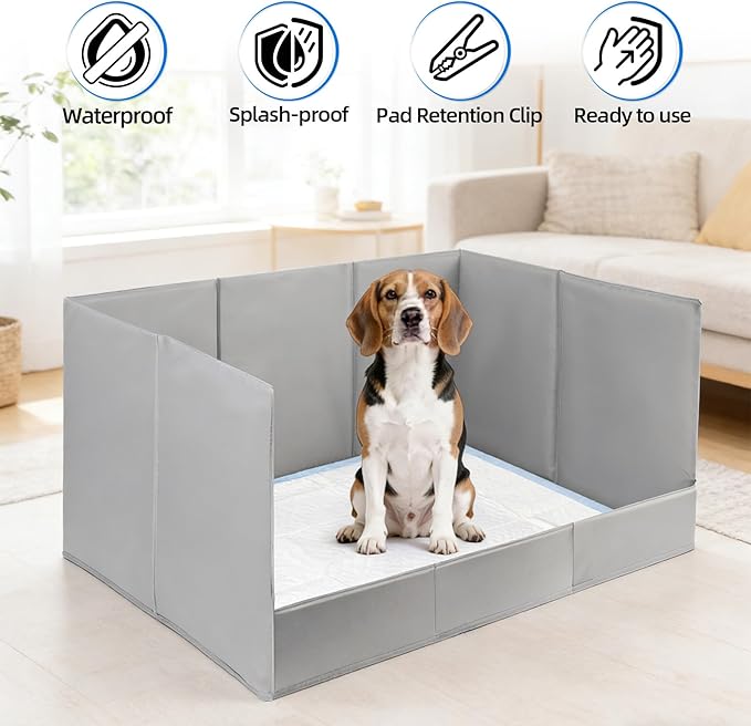 Dog Pee Pad Holder with High Walls, 32.3"x22"x15.7" No-Splash Indoor Dog Potty Box with 6 Clamps, No Assembly Foldable Potty Training Toilet for Large Small Medium Dogs Puppy Potty(Gray2)