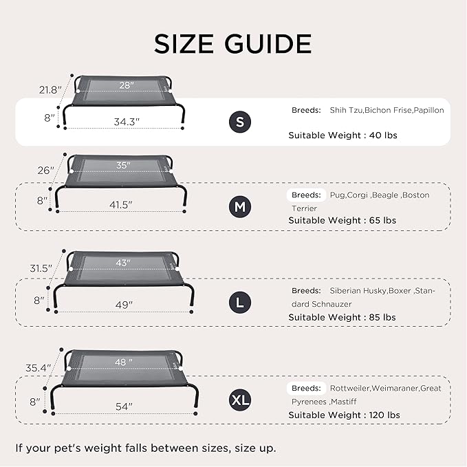 Bedsure Outdoor Elevated Dog Beds for Small Dogs, Portable Indoor & Outdoor Cooling Raised Cot Pet Hammock Bed with Skid-Resistant Feet, Frame with Breathable Mesh, Grey, 35 inches