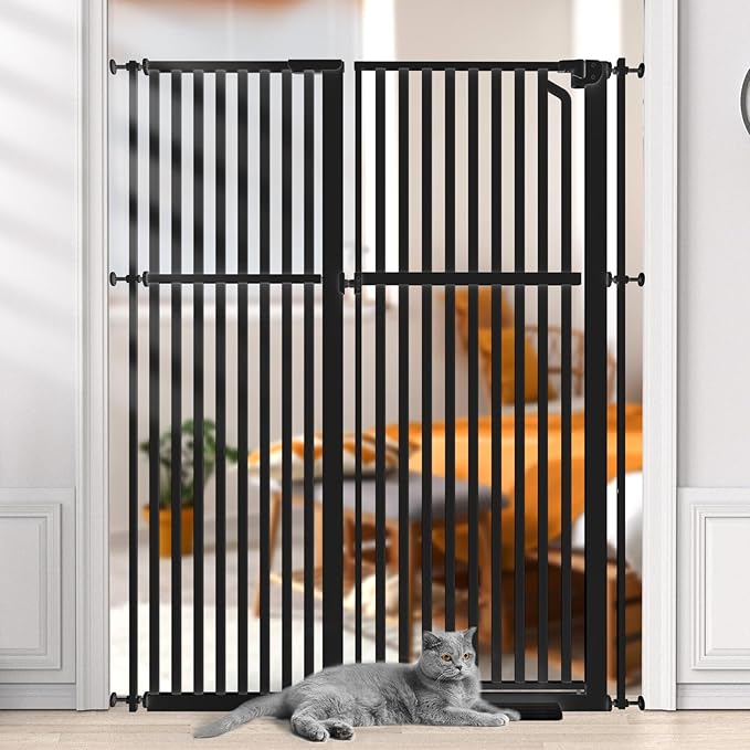 Senneny 63" Extra Tall Cat Gate Auto Close & One-Hand Open, Includes Extension Kit, No Drilling Pressure Mounted & Wall Mounted, Metal Pet Gate Fits Openings 45.2" to 49.2" Wide, Black