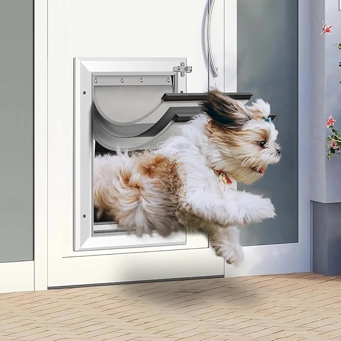 [Petoasis] 3-Flaps Dog Door for Wall, Rust Proof Aluminum Alloy Frame, Extreme Weather Dog Door Can Block Wind, Snow, and Rainwater Intrusion (Silvery White, XL for Wall)