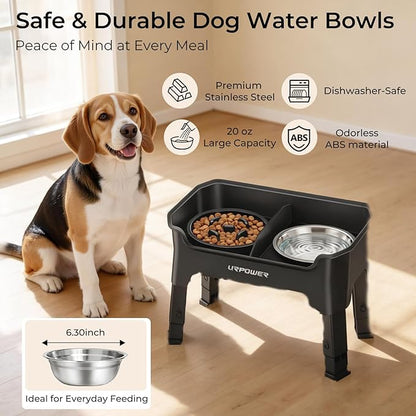 URPOWER Mess Proof Elevated Dog Bowls, High Wall Splash Guard Design, 4 Height Adjustable Raised Bowl Stand, 2 Stainless Steel Bowls, Non-Slip Food Water Set for Small Medium Large Dogs