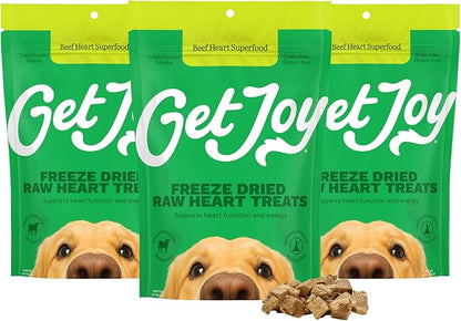 Get Joy Freeze Dried Dog Treats, 100% Beef Heart, 4 Ounce Bag (Pack of 3), Single Ingredient Organ Meat, High Protein, Heart Health, Energy, Grain Free, Gluten Free, Made in USA