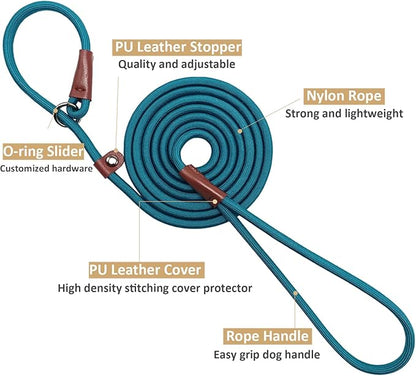 BTINESFUL 7FT Slip Lead Dog Leash, Strong Nylon Rope Leash, 1/4 inch Lightweight Dog Training Lead for Small Medium Large Dogs, Misty Blue