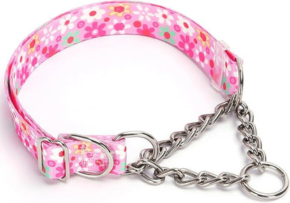 Martingale Dog Collar with Steel Chain- No Pull Escape-Proof Training Choker for Medium, Large & XL Dogs | Heavy Duty Anti-Slip Cinch Collar for Large Breed Pets, Pink (Size XL)