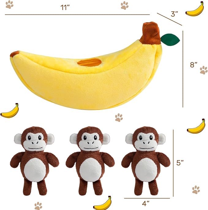 Hollypet Squeaky Dog Toy, Interactive Plush Hide and Seek Dog Toys for Small Medium Sized Dogs and Non-Aggressive Chewers, Puppy Teeth Clean Chew Toys, Banana and Monkeys