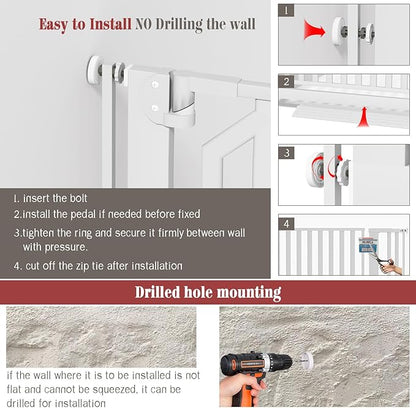 Glaf Extra Tall Pet Gate 63" Pressure Mounted Cat Door Safety Metal Cat Gate Adjustable Width Dog Gate Auto-Close Dog Door for Doorways, Stairs, Kitchen, Hallway (White, 33.86-37.4")