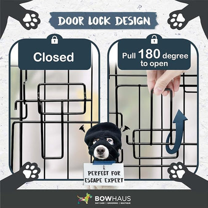 BOWHAUS Foldable Dog Crate Wire Metal Dog Kennel w/Divider Panel, Leak-Proof Pan & Protecting Feet, Single & Double Door, Small, Medium & Large Dog Crate Indoor Wire Dog Cage, 36” w/Double Doors