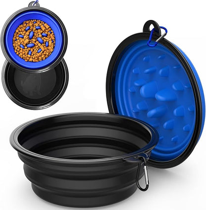 2 Pack [Slow Feeder Design + Regular], Collapsible Dog Bowl Travel Portable Pet Bowls, [34oz,1000ml] Foldable Food Water Feeding Dishes for Traveling Hiking Walking with Carabiners [Blue,Black]