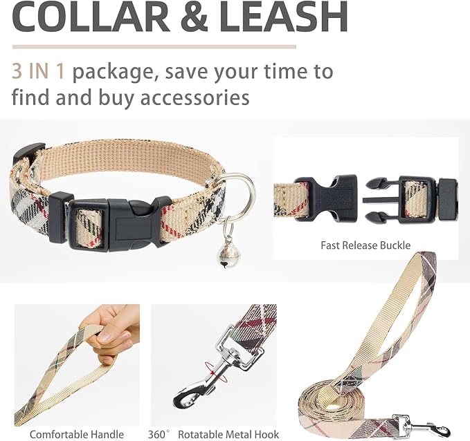 PUPTECK Adjustable Dog Harness Collar and Leash Set Step in No Pull Pet Harness for Small Medium Dogs Puppy and Cats Outdoor Walking Running, Soft Mesh Padded Reflective Vest Harnesses, Beige S
