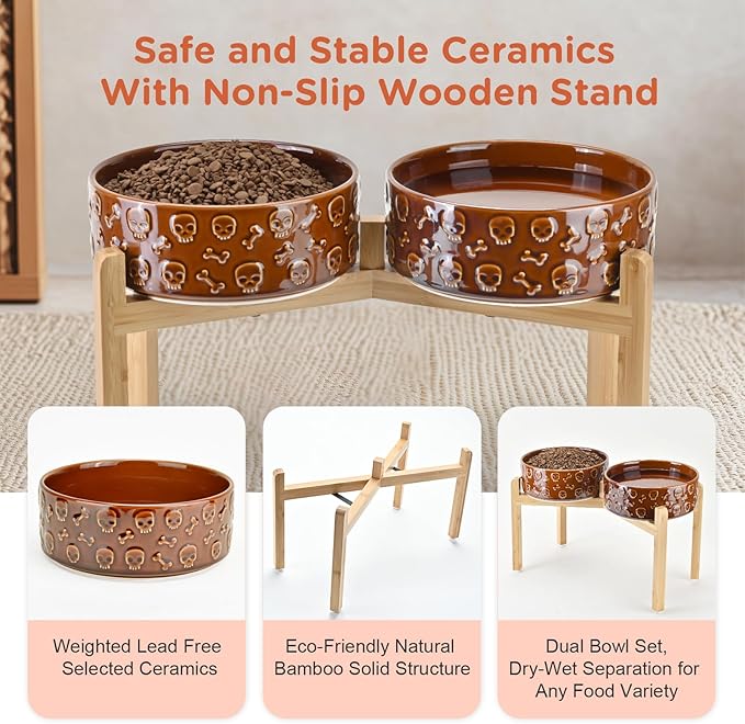 SPUNKYJUNKY Elevated Dog Bowls Ceramic, 8.3'' Dogs Food Water Bowls Raised with Non-Slip Bamboo Stand for Large Sized Breed Microwave Dishwasher Safe - 60 OZ,Skull Bronze