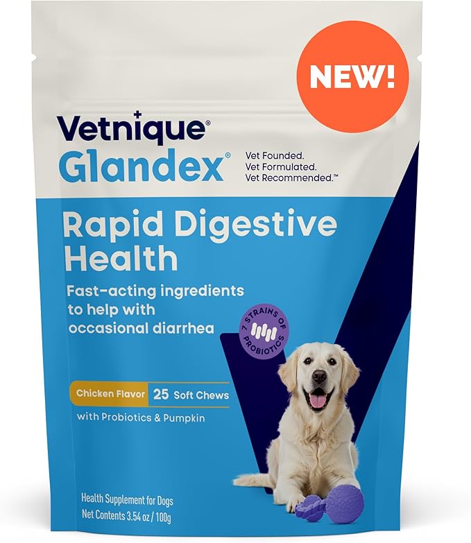Vetnique Glandex Rapid Digestive Support for Dogs with Loose Stool | Diarrhea - Probiotics and Pumpkin for Dogs to Help Firm Dog Poop - 25 Chicken Flavored Soft Chews (25ct, Anti-Diarrhea)