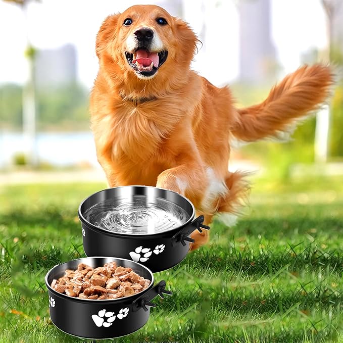 2 Pack Black Stainless Steel Pet Bowls Anti-Spill Metal Feeder Food and Water Feeding Bowl, Hanging Cage Pet Crate Bowl for Puppy Kennel Medium Large Pets (Black,M (5.5x2.2'' & 6.2x2.3''))