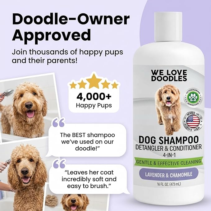 Dog Shampoo, Conditioner & Detangler - Best Shampoo for Goldendoodles, Poodles & Doodles Pet Hair - Hypoallergenic, Tearless, Sensitive Skin for Puppies & All Dog Breeds - Made in USA, 16OZ (Lavender)