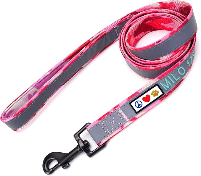 Pawtitas Personalized Camo Pink Dog Leash 6 ft Custom ID Lead for Dogs & Puppies Reflective Comfortable Padded Handle Embroidered Name & Phone Number