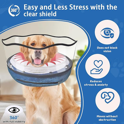 Inflatable Dog Cone Collar Soft Dog Cone Alternative After Surgery to Stop Licking for Large Medium Dogs Recovery Donut Cone Adjustable Neck Collar with Enhanced Anti-Licking Guard Shield,Shark Blue,M