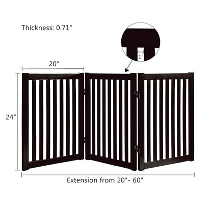 WELLAND 24" Freestanding Pet Gate, Foldable Indoor Wooden Dog Puppy Gate, 3 Panel Step Over Fence, Expands Up to 60" Wide, Espresso