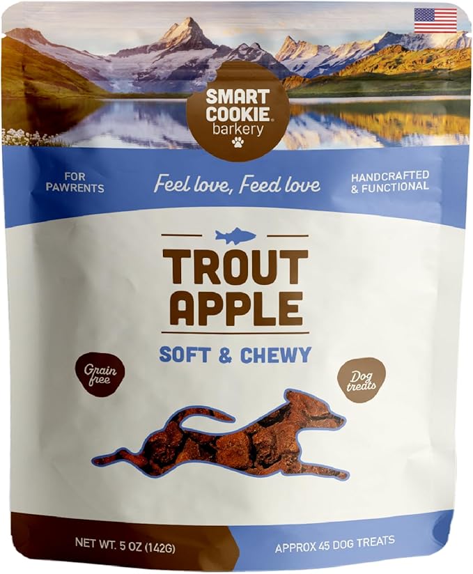 Smart Cookie All Natural Soft Dog Treats - Trout & Apple - Healthy Dog Treats for Allergies, Sensitive Stomachs - Chewy, Grain Free, Human-Grade, Made in The USA - 5oz Bag