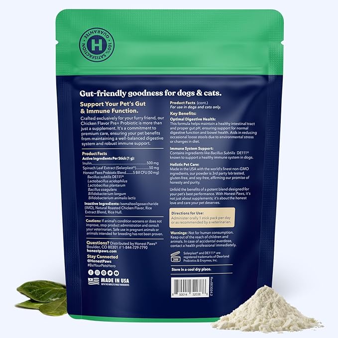 Honest Paws Probiotics for Dogs - Digestive & Immune Support Powder with Prebiotic Made in The USA, Chicken Flavor (30 Sticks)