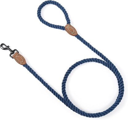 Mile High Life Dog Leash, Braided Cotton Rope Leashes with Leather Tailor Tip with Leather Tip - Heavy Duty Metal Clasp, 5FT, 1/2" Thick - Wedding, Walking Leash for Medium Large Dogs(Navy)