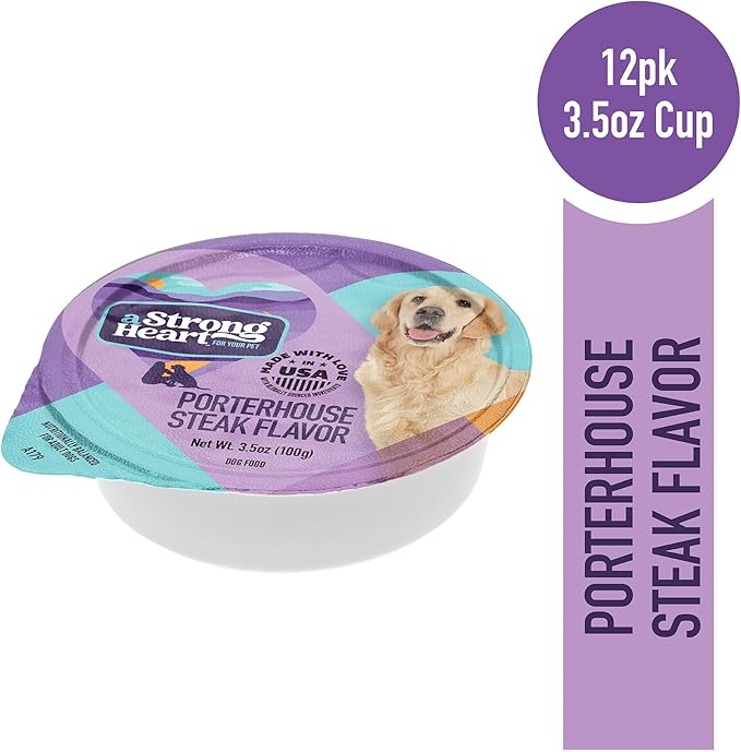 A Strong Heart Wet Dog Food Cups, Porterhouse Steak Flavor - 3.5 oz Cups (Pack of 12), Made in The USA with Real Beef