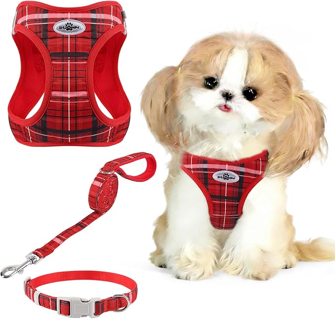 Gyuzh Small Dog Harness and Leash Set for Puppies - 3 Pieces Step in No Pull Vest & Collar, Extra Small Kitten Harness, Breathable Reflective Plaid, Padded Leash (Red, S)