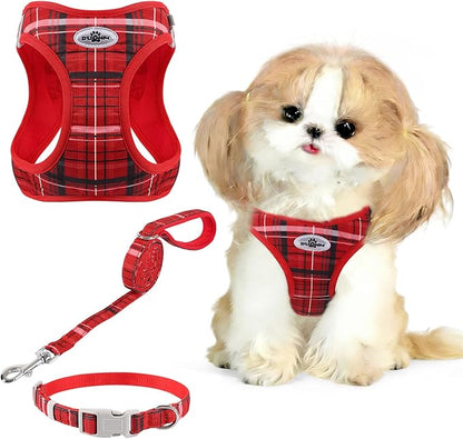 Gyuzh No Pull Dog Harness - 3-in-1 Step in Harness Collar Leash Set for Small Dog Walking & Training, Easy Walk Style, Lightweight Plaid Vest (Red, M)