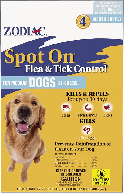 Zodiac Spot On Flea & Tick Control Medium Dogs 31-60 Pounds 4 Pack