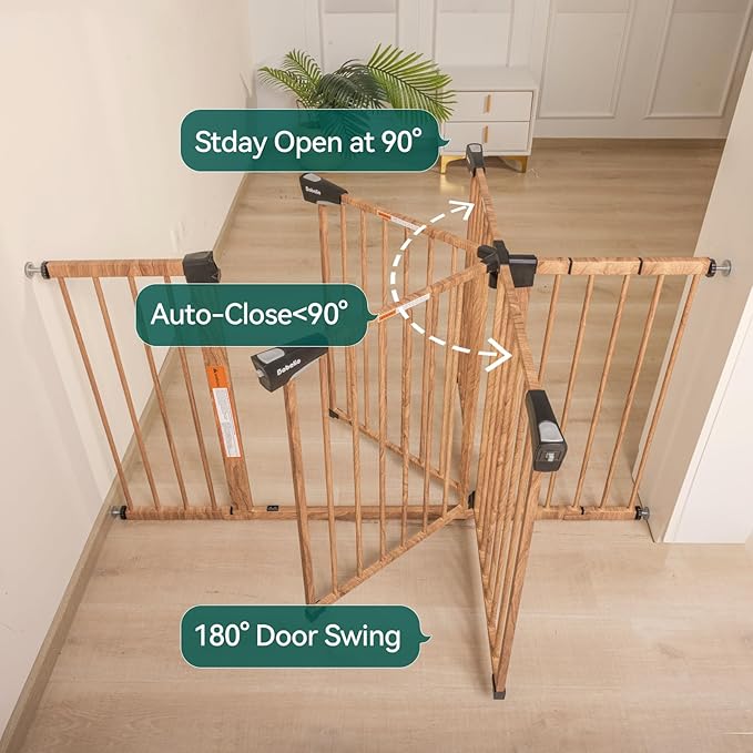 Babelio Metal Auto Close Baby Gate PressGuard P7, 29"-55" Wide Extra Wide Pet Gate for The House and Doorways, Pressure Mounted Walk Thru Child Gate with Door, Brown Wood Pattern