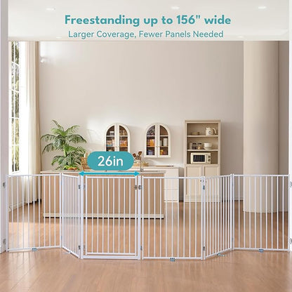 No Pawblems Free Standing Dog Gate with Door, 36'' Tall Foldable Dog Fence for Indoor & Outdoor, Up to 156 Inch Extra Wide Christmas Tree Fence, Hallways, Doorways, Deck, Yard (White, 6 Panels)
