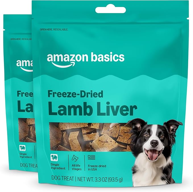 Amazon Basics Freeze-Dried Raw Single Ingredient Dog Treats, Lamb Liver, High Protein, Healthy Training Treats or Meal Topper for All Dogs, Grain-Free, 3.3oz (Pack of 2) (Previously Wag)