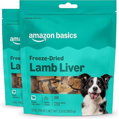 Amazon Basics Freeze-Dried Raw Single Ingredient Dog Treats, Lamb Liver, High Protein, Healthy Training Treats or Meal Topper for All Dogs, Grain-Free, 3.3oz (Pack of 2) (Previously Wag)