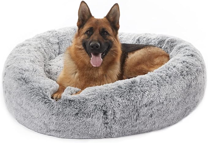 Bedfolks Calming Donut Dog Bed for Extra Large Dogs, 45 Inch Round Plush Bed with Non-Slip Bottom (Dark Grey, Extra Large)