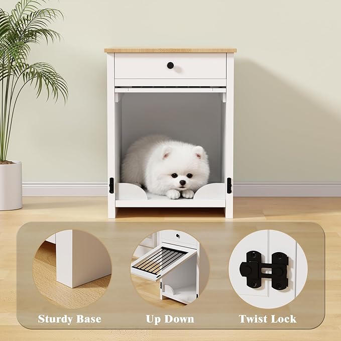 Small Dog Crate Furniture with Drawer, Wooden Pet Kennel End Table for Small Dogs, Furniture Style Indoor Dog House, Decorative White Dog Cage Nightstand, Side Table with Metal Bars & Secure Lock