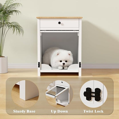 Small Dog Crate Furniture with Drawer, Wooden Pet Kennel End Table for Small Dogs, Furniture Style Indoor Dog House, Decorative White Dog Cage Nightstand, Side Table with Metal Bars & Secure Lock
