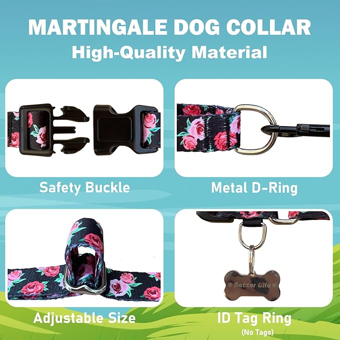Martingale Collar for Dogs Pink Floral Dog Collar for Large Dogs with Buckle Girl Female Soft Nylon Dog Collars (Black Pink Rose, L)