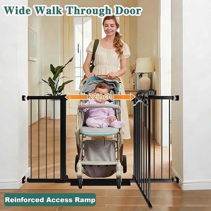 Fairy Baby 62.6"-65.3" Extra Wide Baby Gate with Door, 63 64 65 Inches Walk THR Baby Gates for Stairs Pressure Mounted no Drill, Indoor Tension Metal Child Pet Dog Safety Gate for Kids, Black