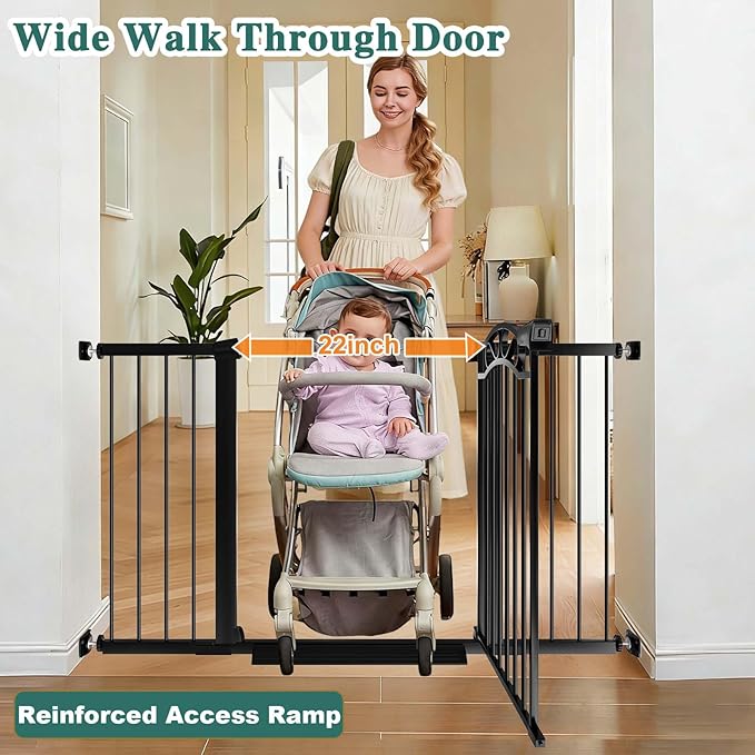 Fairy Baby 54.4"-57.0" Extra Wide Baby Gate with Door, 55 56 57 Inches Walk THR Baby Gates for Stairs Pressure Mounted no Drill, Indoor Tension Metal Child Pet Dog Safety Gate for Kids, Black