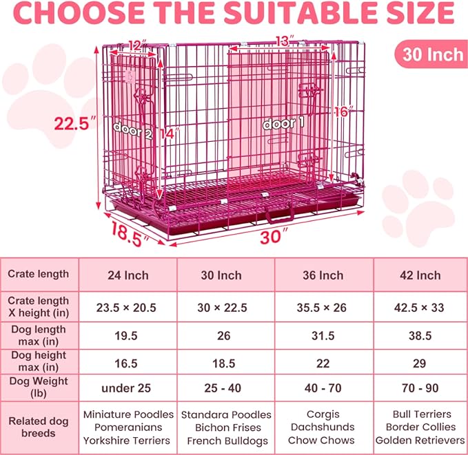 HOMEY PET 30 Inch Pink Dog Crate, Cute Dog Cage Medium Sized Collapsible Small Dog Kennel Indoor Nano-Coated Metal Wire Dog Crate with Removable Floor Grid Tray, Double Doors Dual Locks, Handle