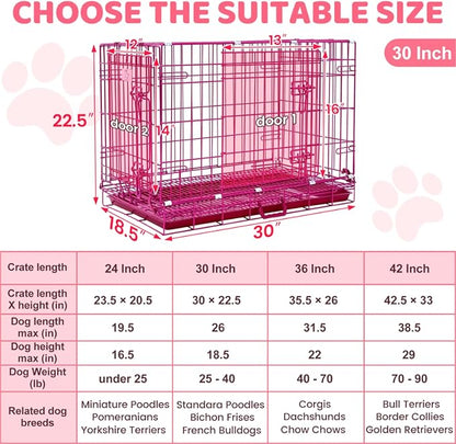 HOMEY PET 30 Inch Pink Dog Crate, Cute Dog Cage Medium Sized Collapsible Small Dog Kennel Indoor Nano-Coated Metal Wire Dog Crate with Removable Floor Grid Tray, Double Doors Dual Locks, Handle