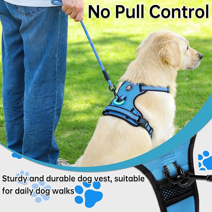 NESTROAD No Pull Dog Harness,Adjustable Oxford Dog Vest Harness with Leash,Reflective No-Choke Pet Harness with Easy Control Soft Handle for Small Medium Dogs(Medium,Blue)