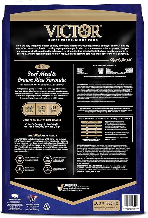 VICTOR Super Premium Dog Food – Select Beef Meal & Brown Rice Formula for Immune and Gut Health – Gluten-Free Beef Meal Dry Dog Food for All Normally Active Dogs of All Life Stages, 30 lbs