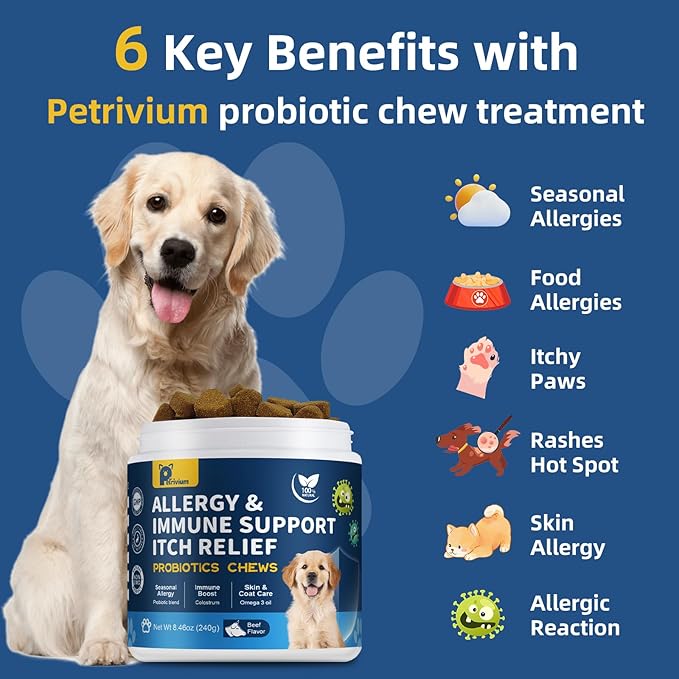 Dogs Allergy & Itch Relief Chews, Dog Probiotics for Skin & Immune Support Helps Relieve Itchy Skin & Ear, Dog Allergy Supplement for Paw Licking, Itching Skin Relief with Colostrum, Fish Oil (Tan)