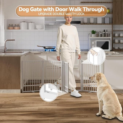SNUOWU Full Metal Freestanding Dog Gate with Door, 32''Height Foldable Pet Dog Fence for Indoor & Outdoor, 4 Panels Extra Wide Free Standing TallDog Gates for Doorways,House,Stairs,Porch,Deck,Yard