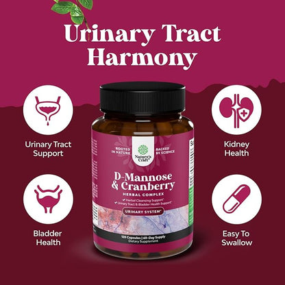 D Mannose with Cranberry Supplement - D Mannose 1000mg per Serving Capsules for Kidney Defense Support & Cleanse and Urinary Tract Health for Women & Men - Adults Bladder Health Supplement - 120 Count